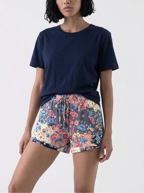 SHEIN Floral Navy Blue Pink Elastic Waist Shorts